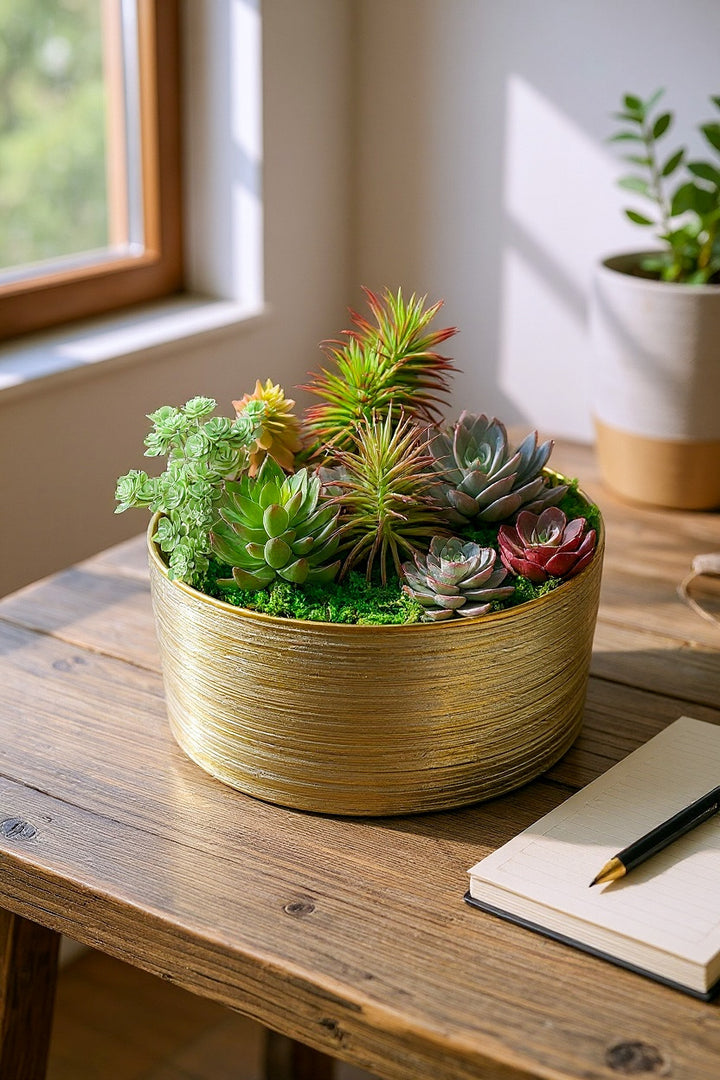 Faux Succulents in Etched Centerpiece Bowl