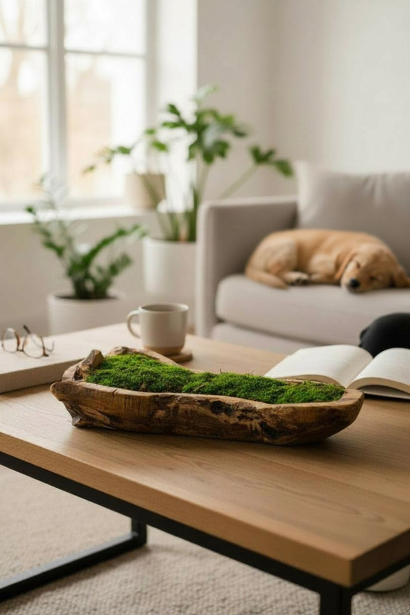 Carved Wooden Bowl Centerpiece with Lush Moss