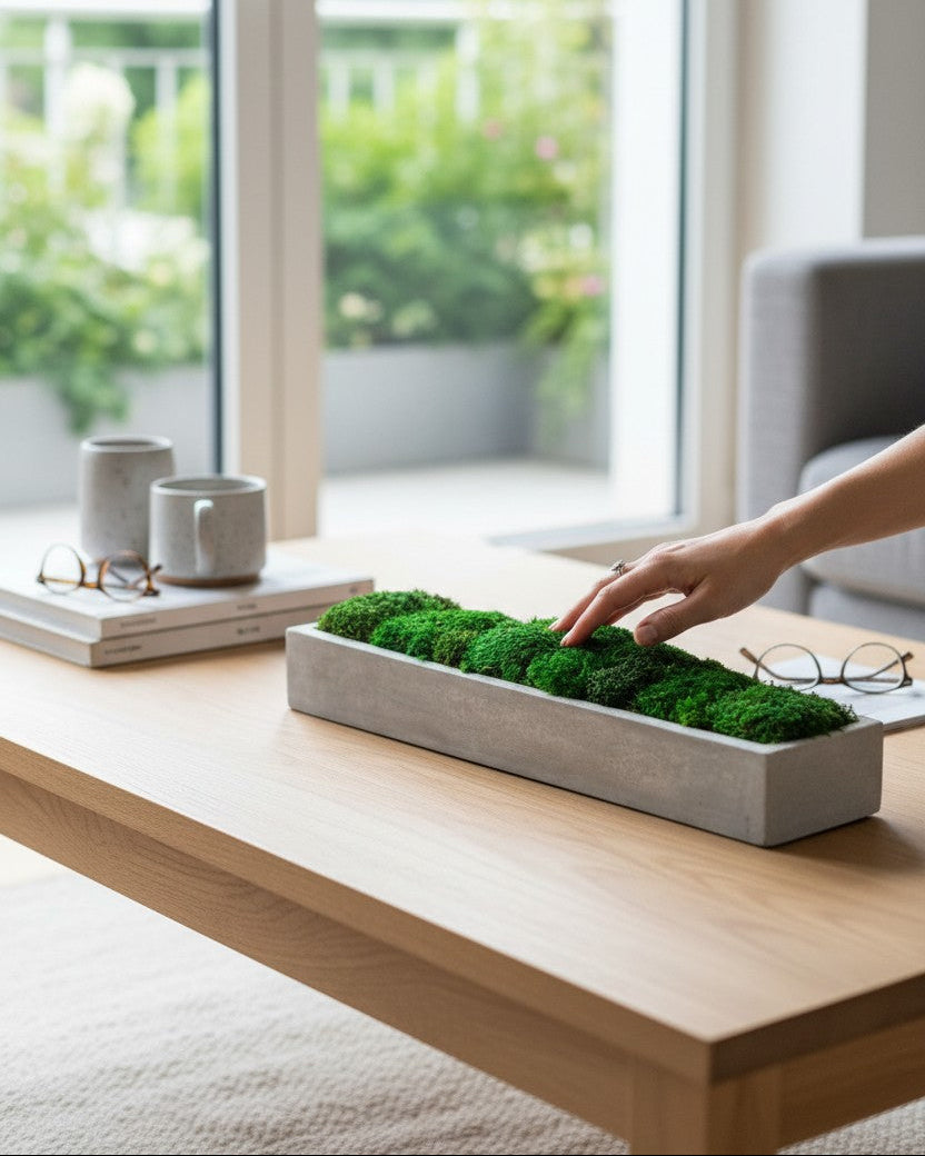 Concrete moss tray on a wooden table with a blurred indoor background