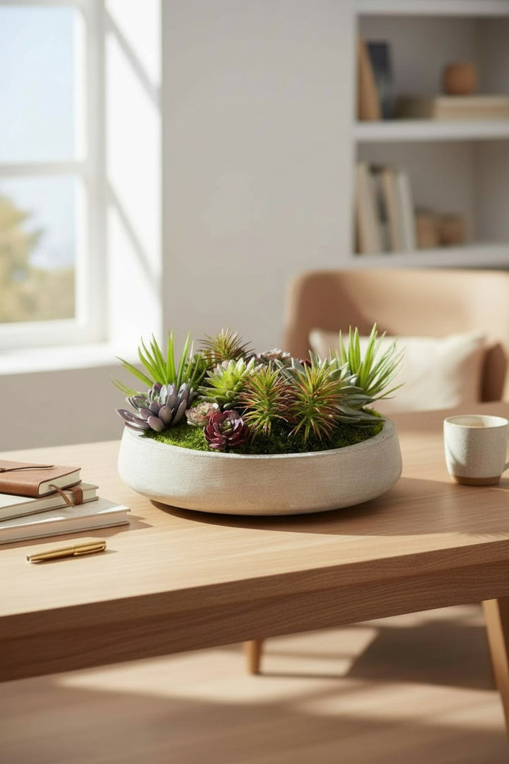 Preserved Moss in Large Round Concrete Bowl