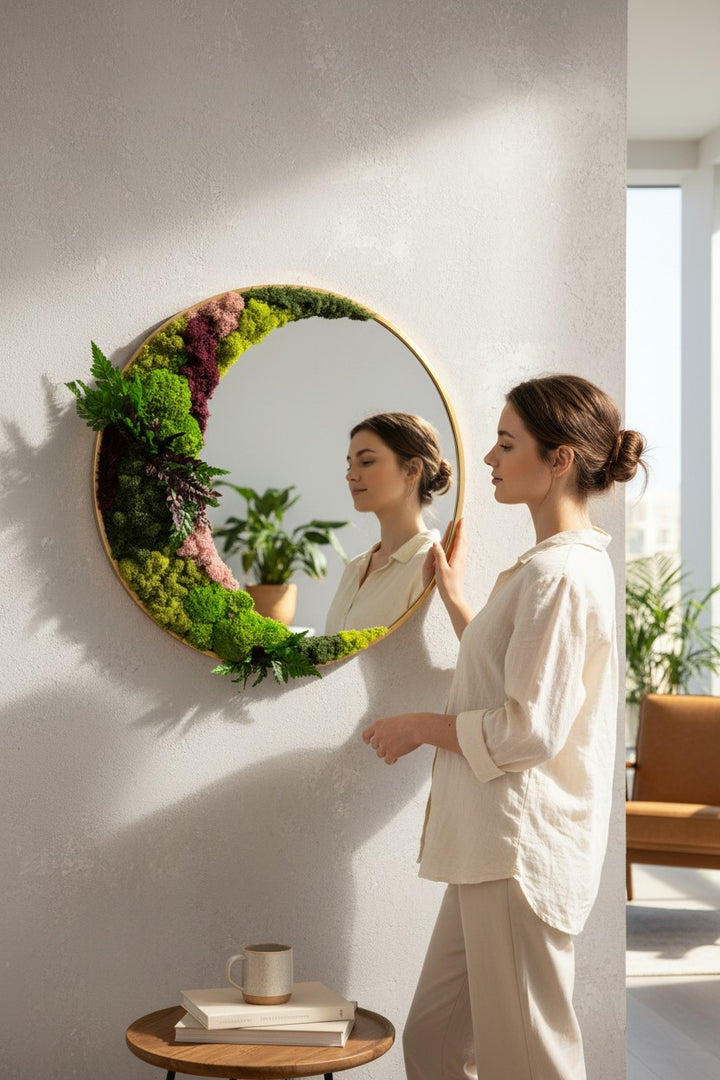 Circular Mirror with Lush Preserved Moss and Botanical Accents