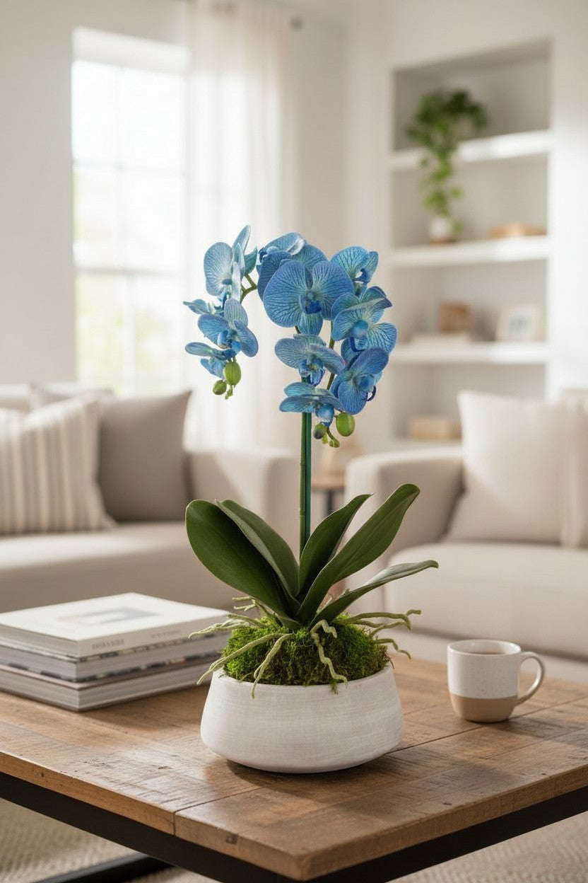 Orchid and Moss Centerpiece in Cement Bowl