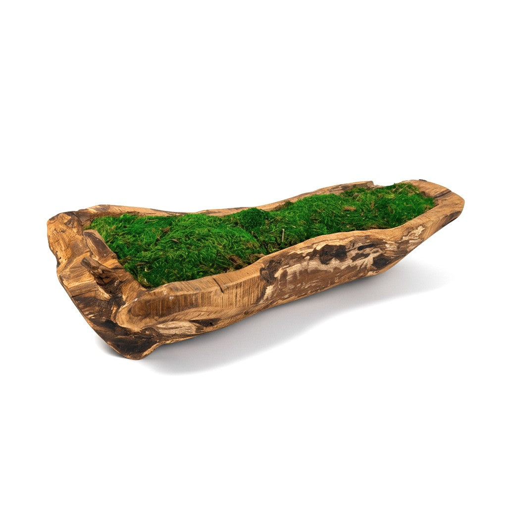 Carved Wooden Bowl Centerpiece with Lush Moss