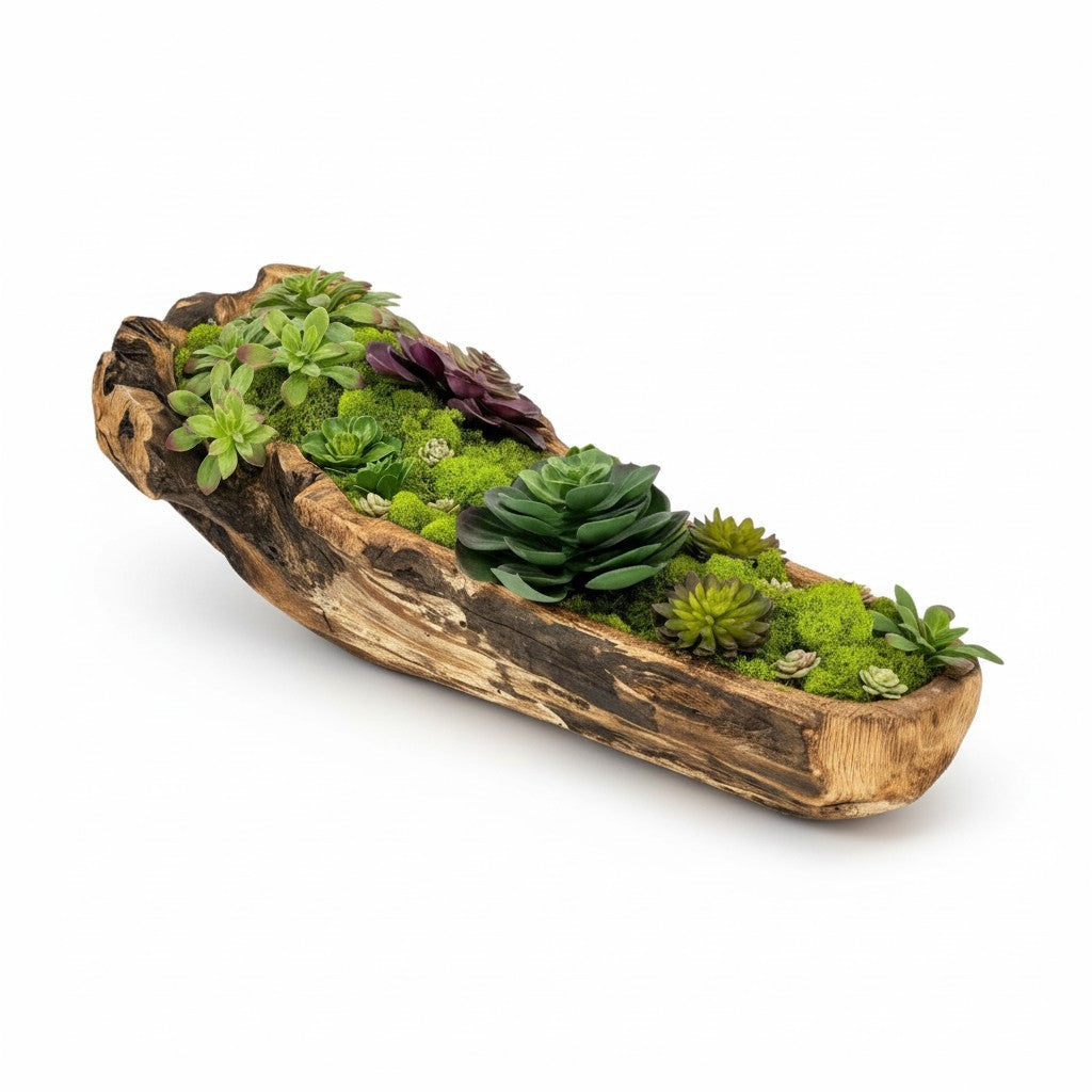 Carved Wooden Bowl Centerpiece with Lush Moss