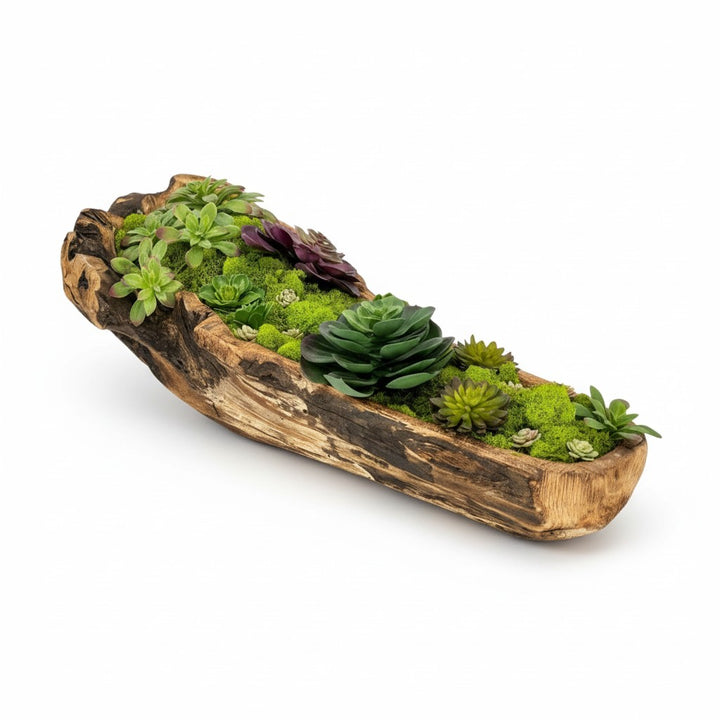 Carved Wooden Bowl Centerpiece with Lush Moss