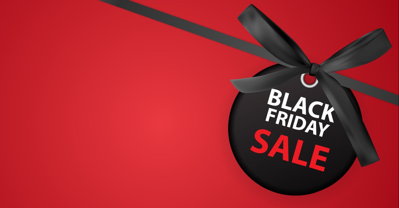 Black Friday sale tag with a black ribbon on a red background
